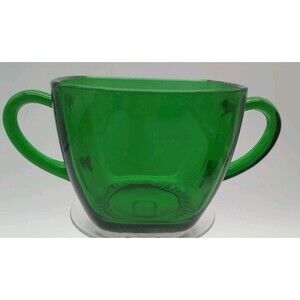 Vintage Anchor Hocking Emerald Green Glass Sugar Bowl Double Handle Square